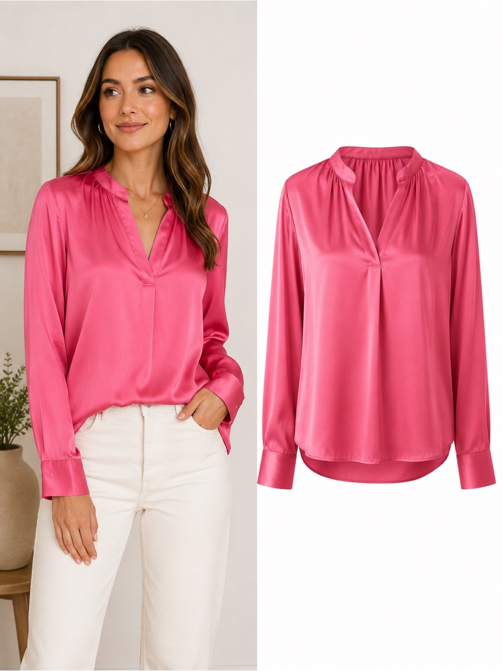 Muse Republic Clothing Pink Satin Blouse | 100% Polyester | V-Neck Popover Top